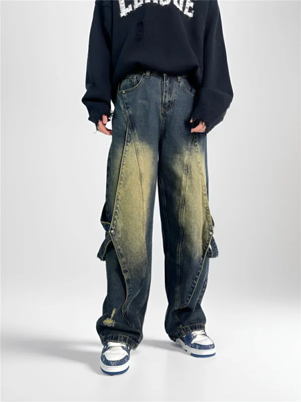 Retro Washed Contrast Color Jeans made by Oeyes