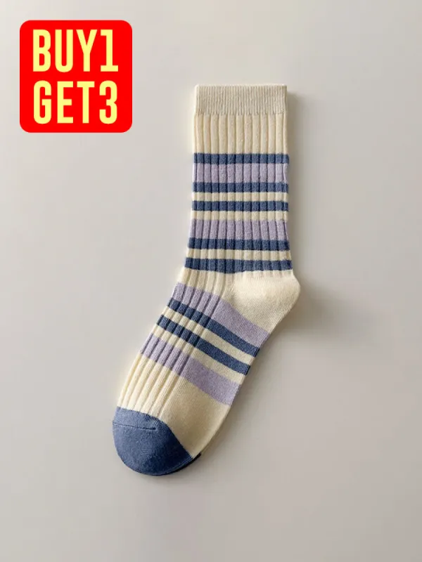 Three Pairs Retro Striped Socks Colorful Splicing Color Cotton Sock sold by Oeyes