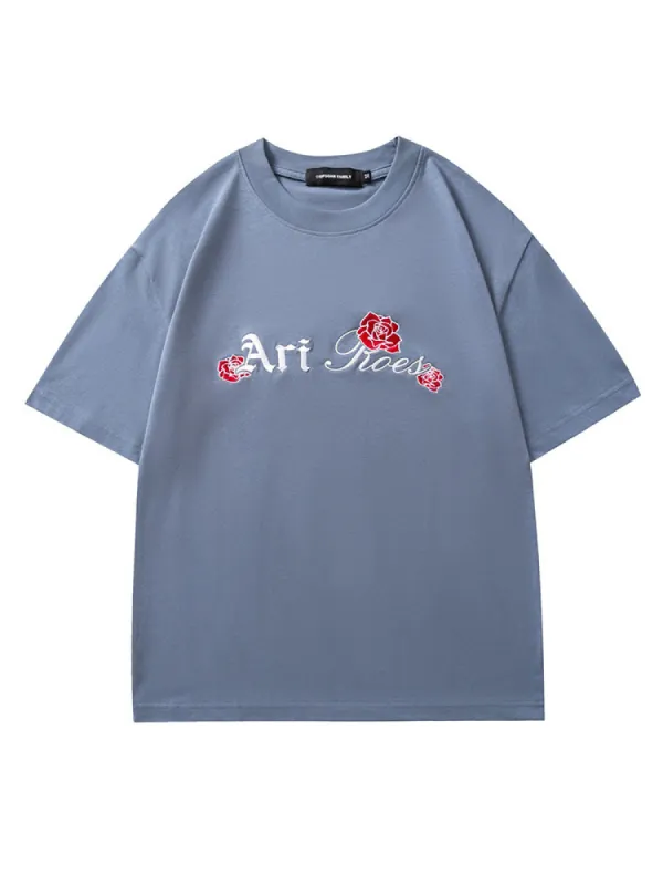 Retro Rose Embroidered Print T-Shirt sold by Oeyes
