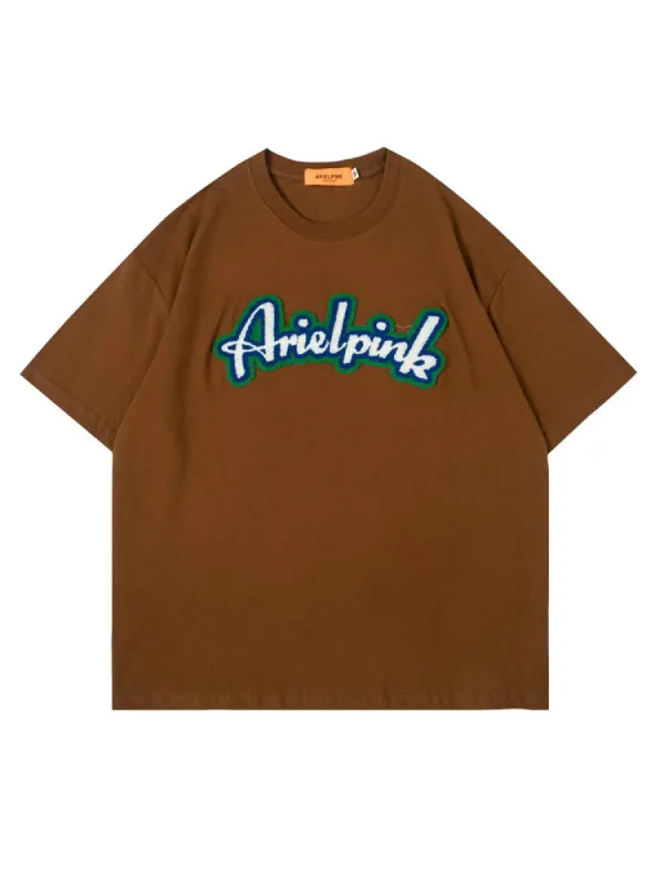 Retro Towel Embroidered Letter Print T-Shirt sold by Oeyes