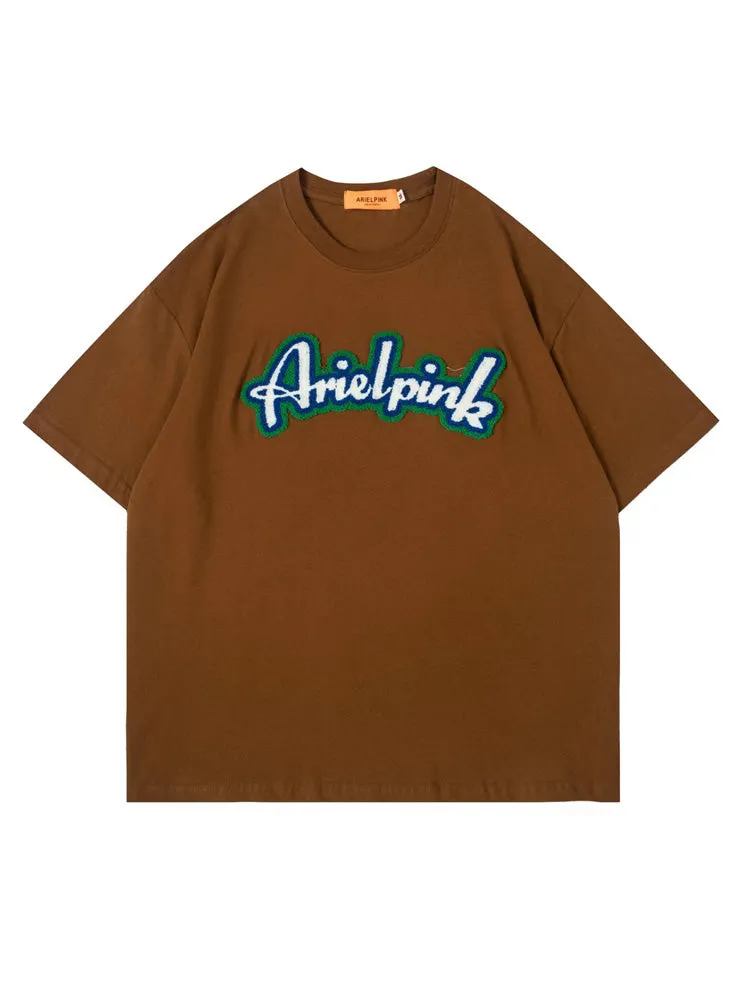 Retro Towel Embroidered Letter Print T-Shirt sold by Oeyes