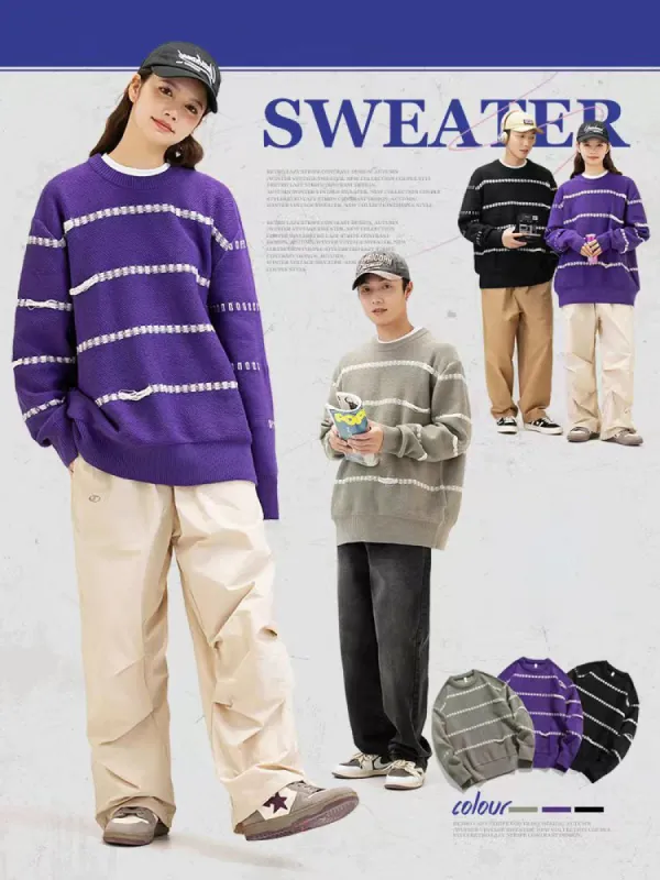 Retro Striped Contrast Color Crewneck Sweater sold by Oeyes