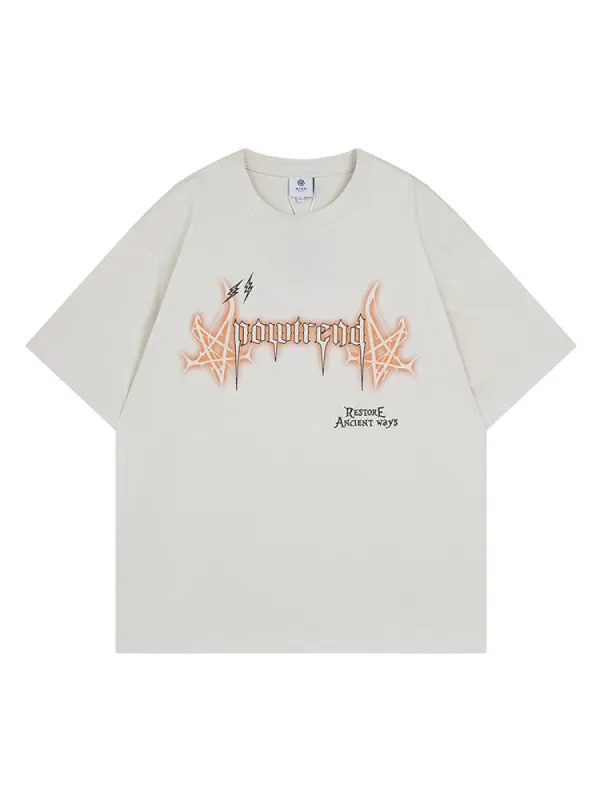 Casual Letter Pentagram Print Washed T-Shirt sold by Oeyes