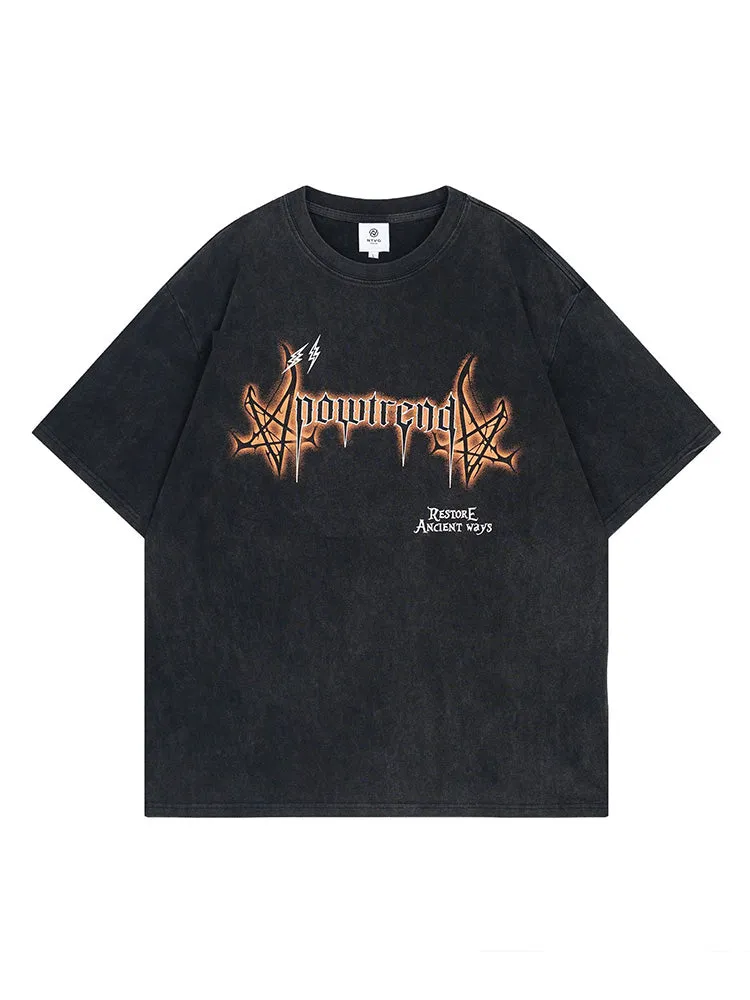 Casual Letter Pentagram Print Washed T-Shirt sold by Oeyes product image thumbnail 2