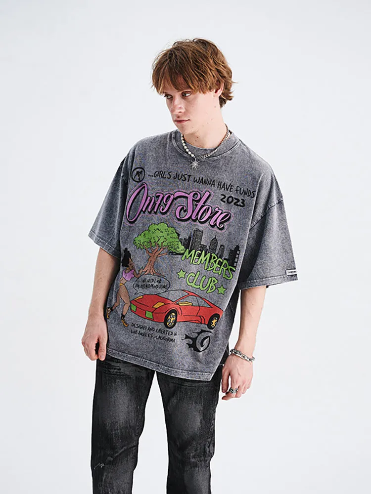 Casual Cartoon Print Washed T-Shirt sold by Oeyes