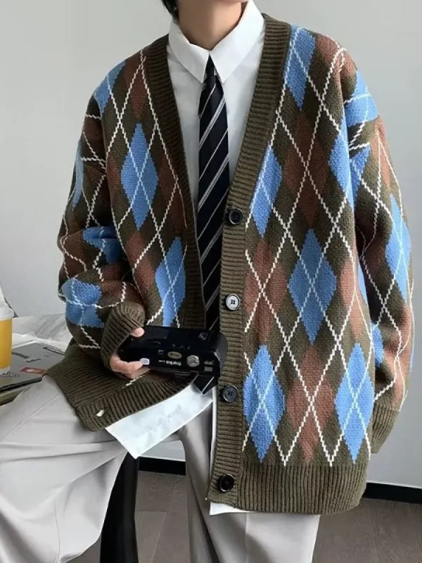 Men'S Diamond Grid Cardigan Sweaters sold by Oeyes