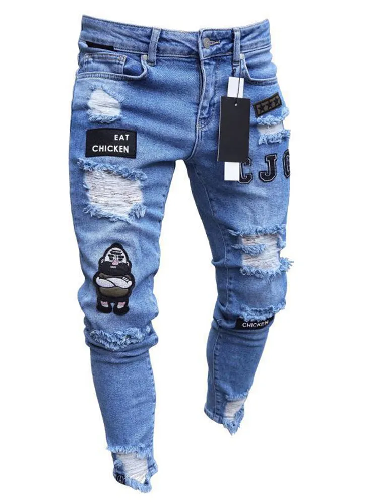 Hip Hop Cartoon Print Ripped Jeans sold by Oeyes