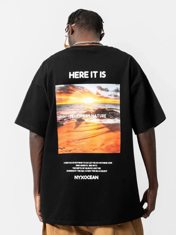 Loose-Fitting Sunset Beach Print T-Shirt sold by Oeyes