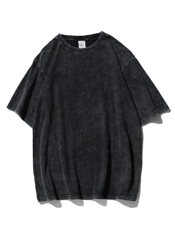 Solid Color Retro Crewneck Loose Fitting T-Shirt sold by Oeyes