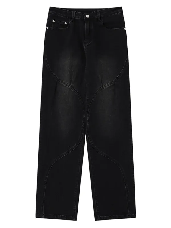 Retro Splicing Washed Wide-Legged Jeans made by Oeyes