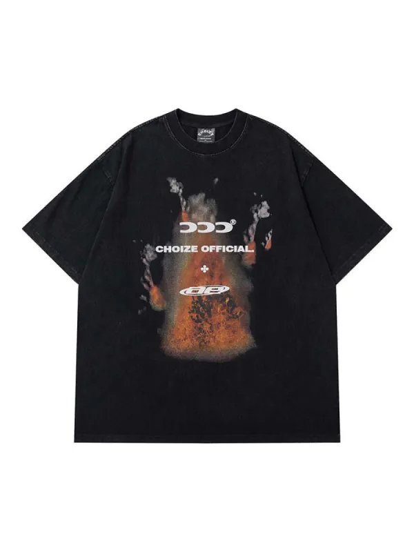 Retro Letter Flame Print Washed T-Shirt sold by Oeyes