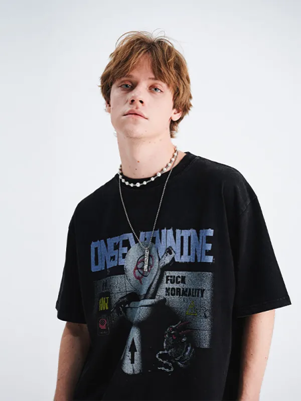 Casual Cartoon Print Washed T-Shirt sold by Oeyes