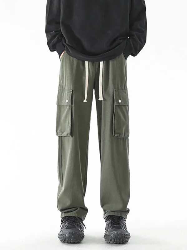Straight Multi-Pocket Elastic Drawing Rope Cargo Pants sold by Oeyes