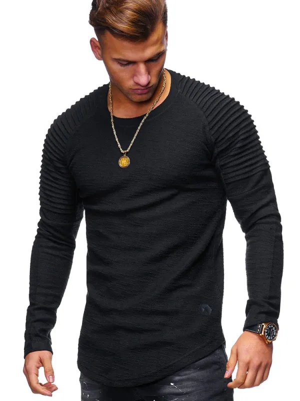 Men'S Round Neck Slim Solid Colour Long-Sleeved Striped Ruffle T-Shirt sold by Oeyes