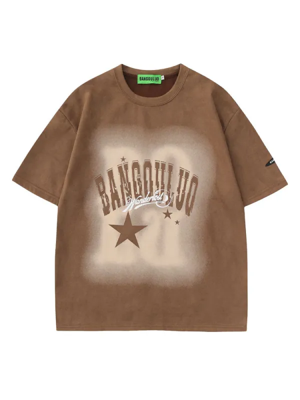 Casual Star Letter Print Suede T-Shirt sold by Oeyes