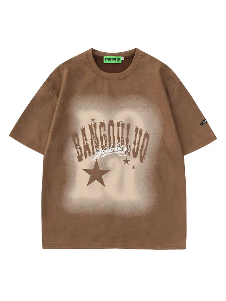 Casual Star Letter Print Suede T-Shirt sold by Oeyes