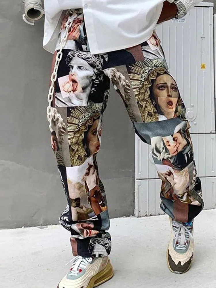 Straight Art Print Splicing Renaissance Casual Men Hip-Hop Pants sold by Oeyes
