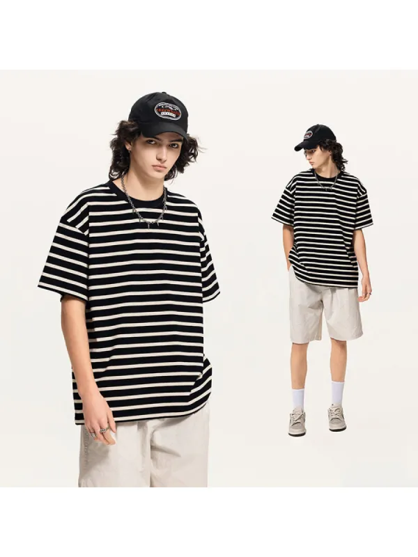 Loose-Fitting Retro Striped T-Shirt sold by Oeyes