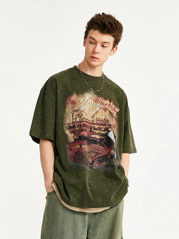 Retro Washed Flame Print T-Shirt sold by Oeyes