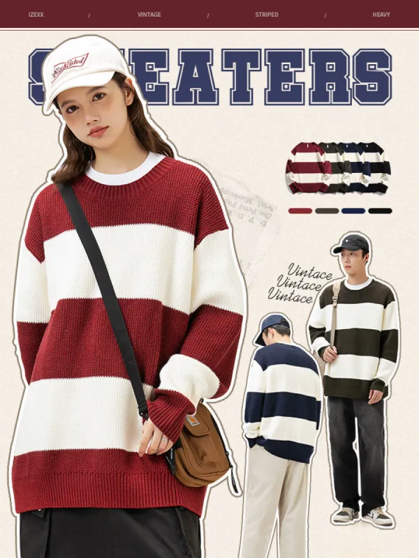 Retro Striped Contrast Color Crewneck Sweater sold by Oeyes