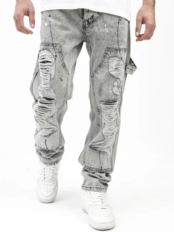 Bear Print Denim Patch Gradient Tie-Dye Jeans sold by Oeyes