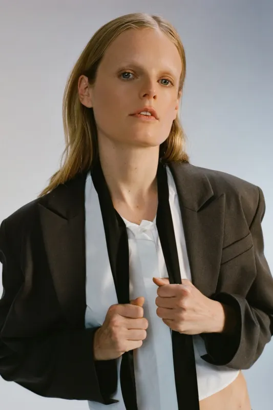 Macie Cropped Blouse with Neck Tie, White/Black sold by Saint Art