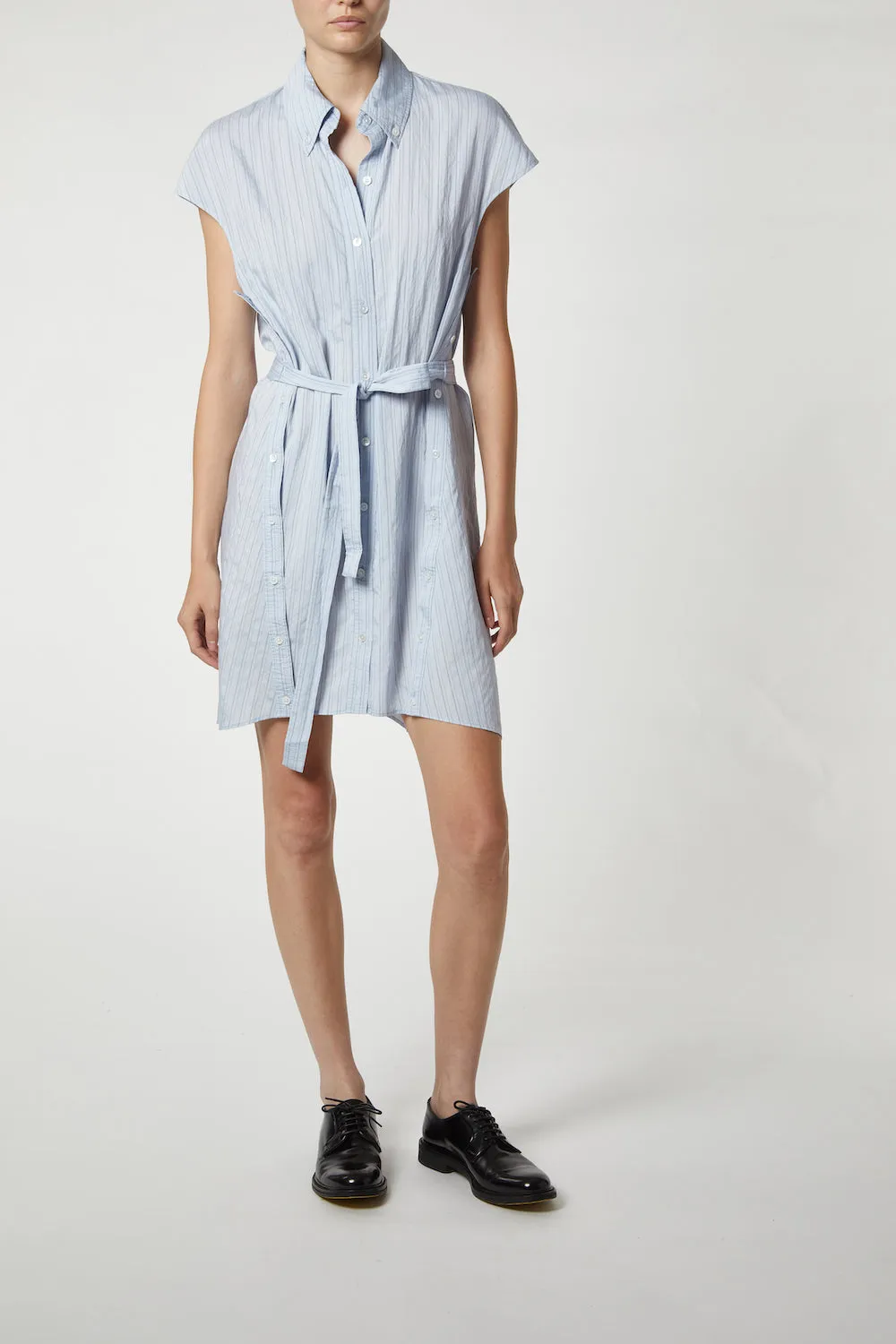 Talma Cap Sleeve Button Dress, Pale Blue Pinstripe sold by Saint Art product image thumbnail 4