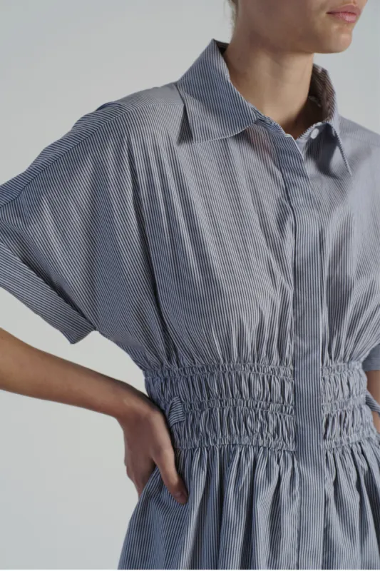 Vivienne Ruched Dress, Navy Pinstripe sold by Saint Art