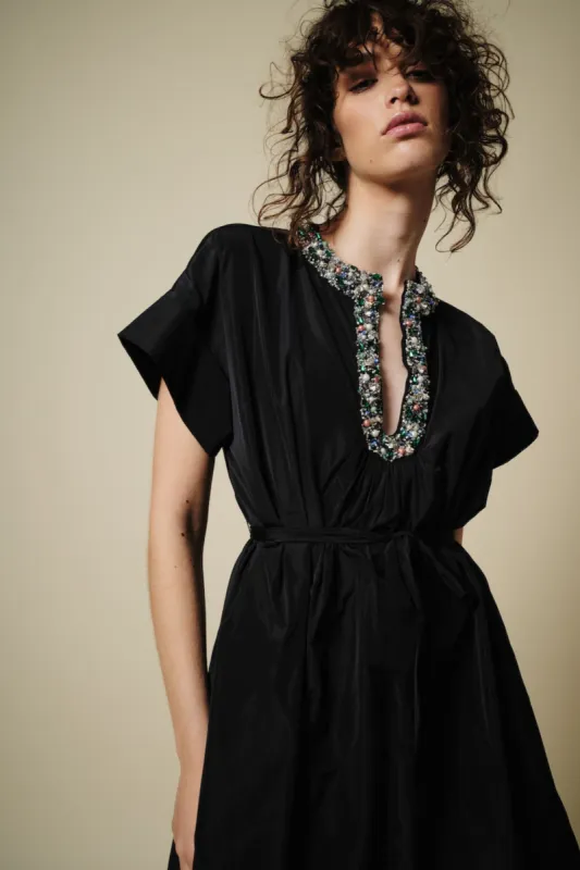 Diana Taffeta Mini Dress with Beaded Jewel Neckline, Black/Multi sold by Saint Art