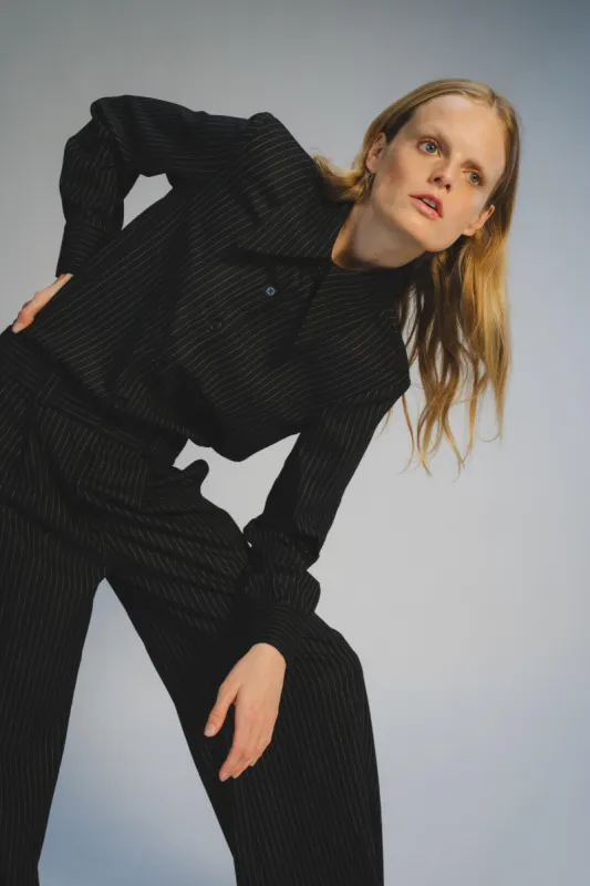 Alessandra Tailored Blouse, Charcoal Pinstripe sold by Saint Art