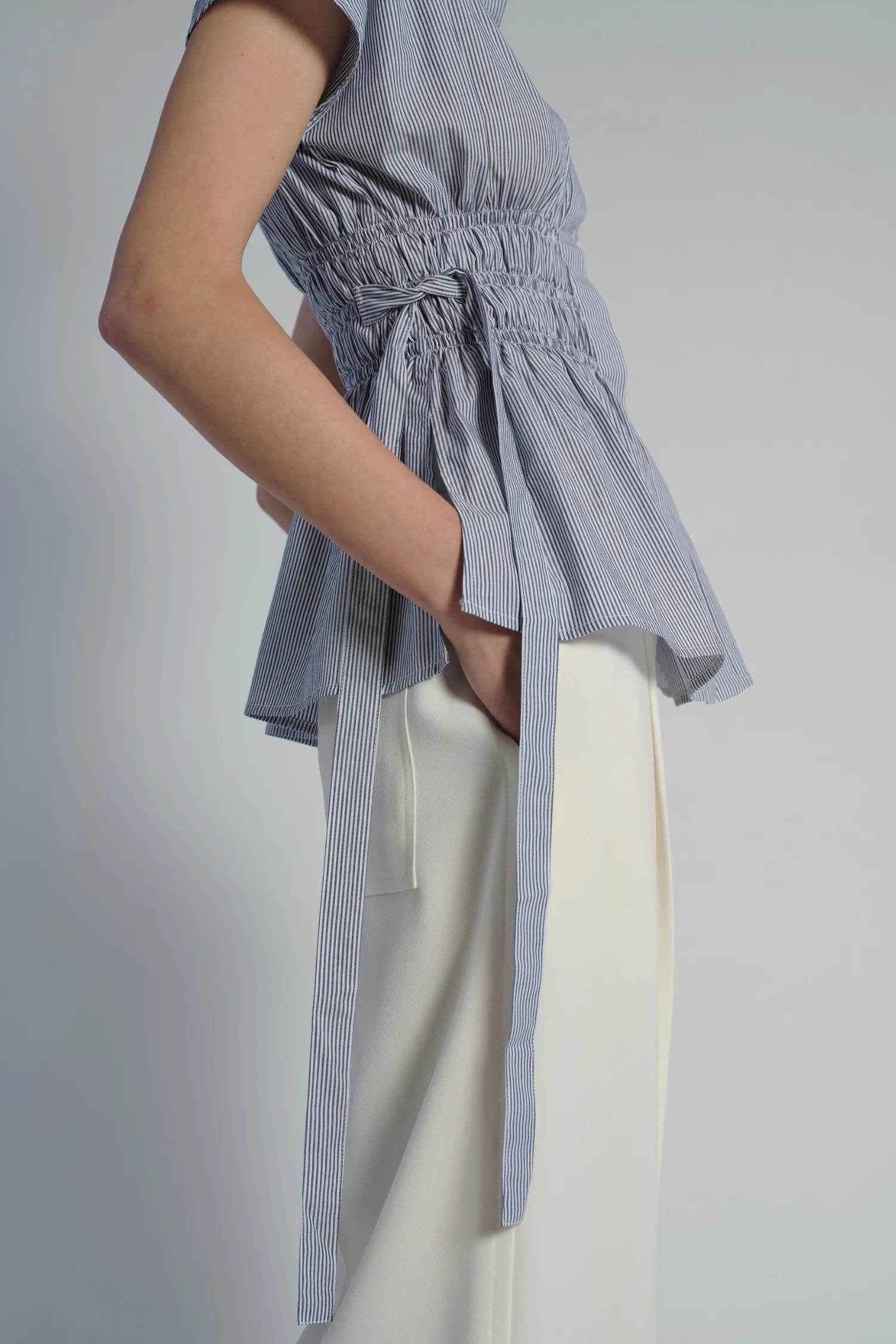 Indie Ruched Blouse, Navy Pinstripe sold by Saint Art