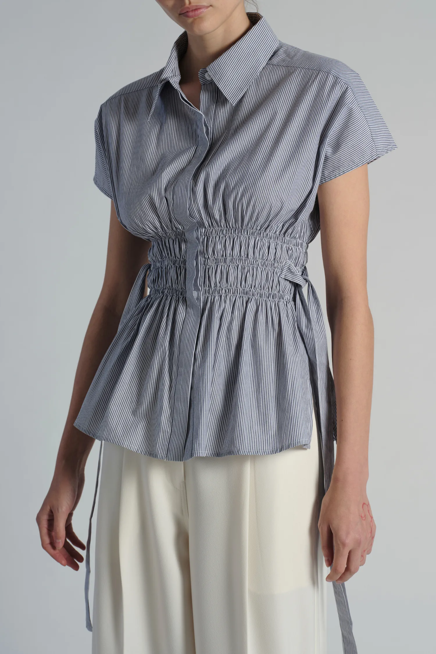 Indie Ruched Blouse, Navy Pinstripe sold by Saint Art product image thumbnail 2
