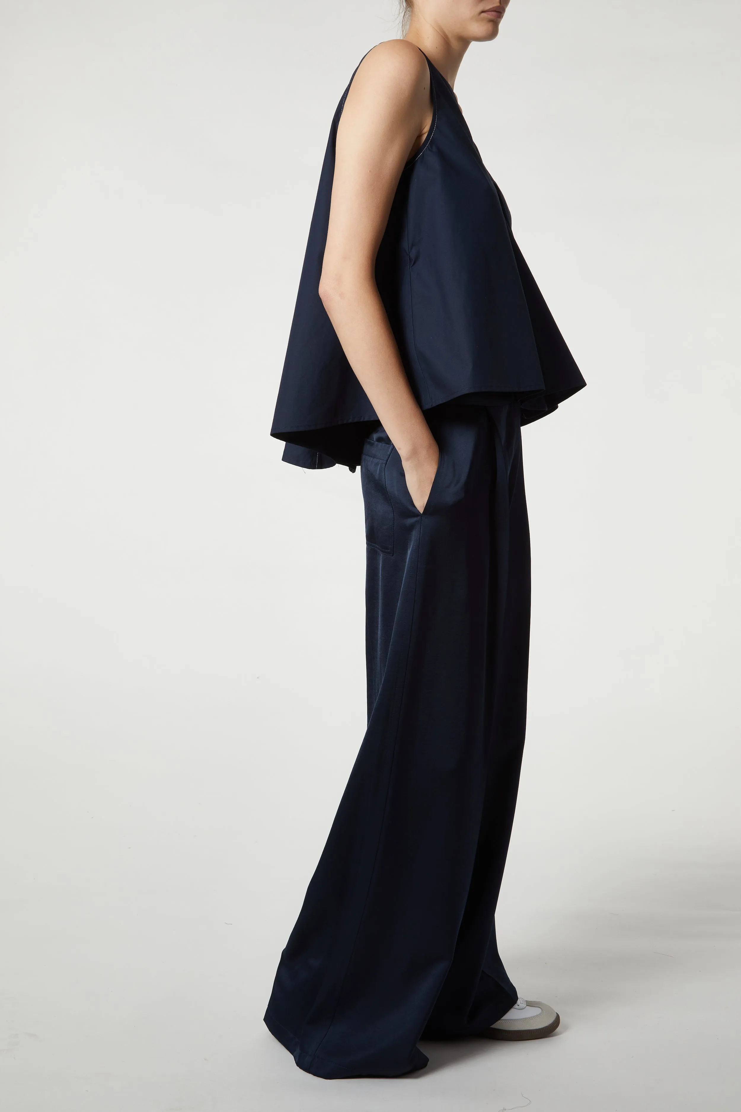 Katya V-Neck Poplin Tie Blouse, Navy sold by Saint Art