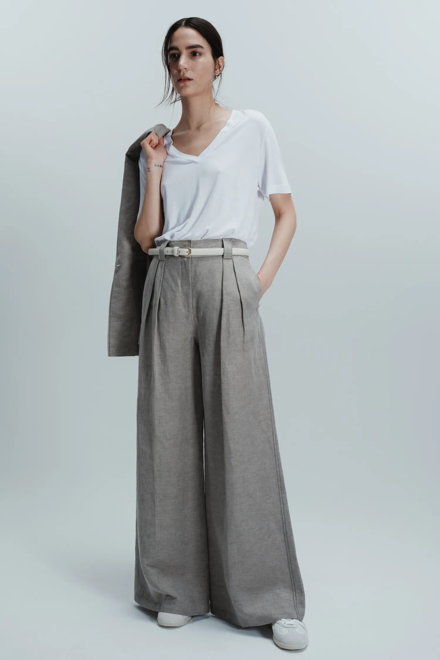 Argo Wideleg Trouser, Grey Linen sold by Saint Art