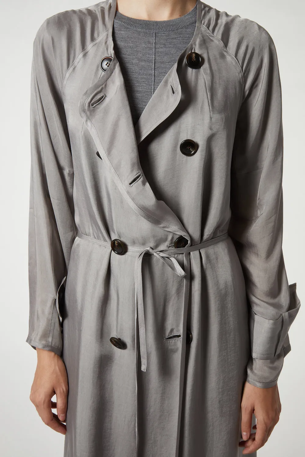 Nalani Double-Breasted Cupro Trench Coat, Light Grey sold by Saint Art