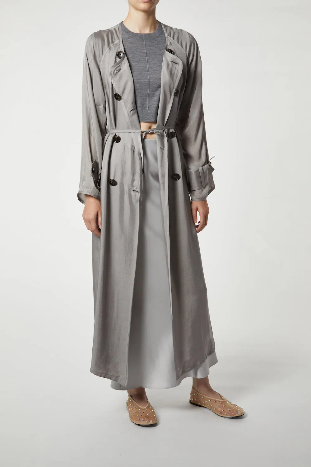 Nalani Double-Breasted Cupro Trench Coat, Light Grey sold by Saint Art product image thumbnail 3