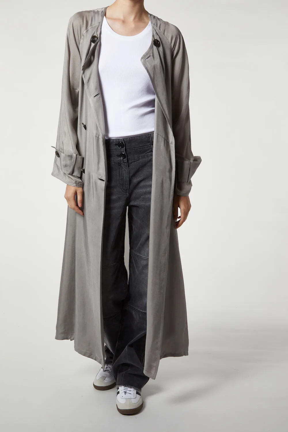 Nalani Double-Breasted Cupro Trench Coat, Light Grey sold by Saint Art product image thumbnail 4