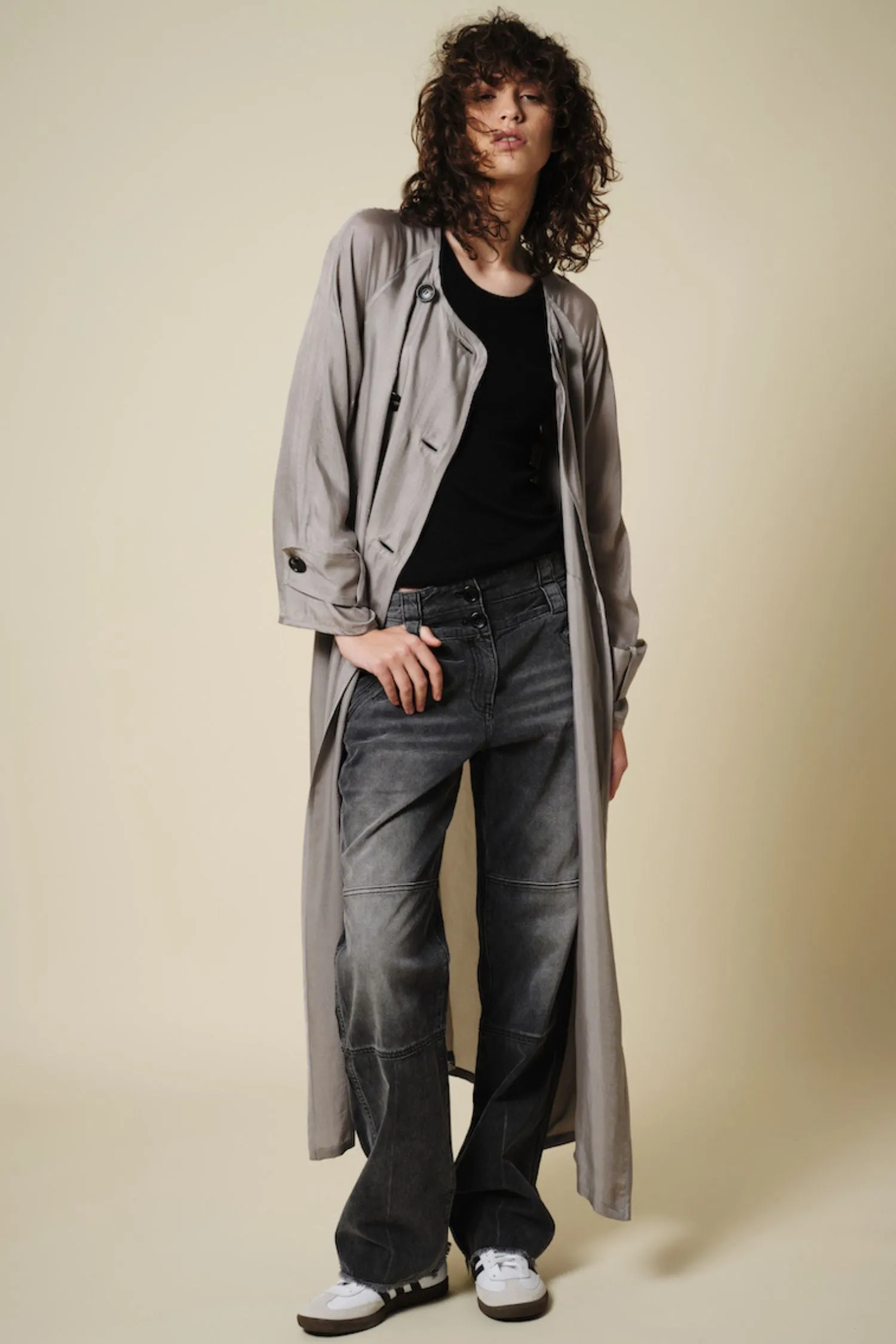 Nalani Double-Breasted Cupro Trench Coat, Light Grey sold by Saint Art product image thumbnail 2