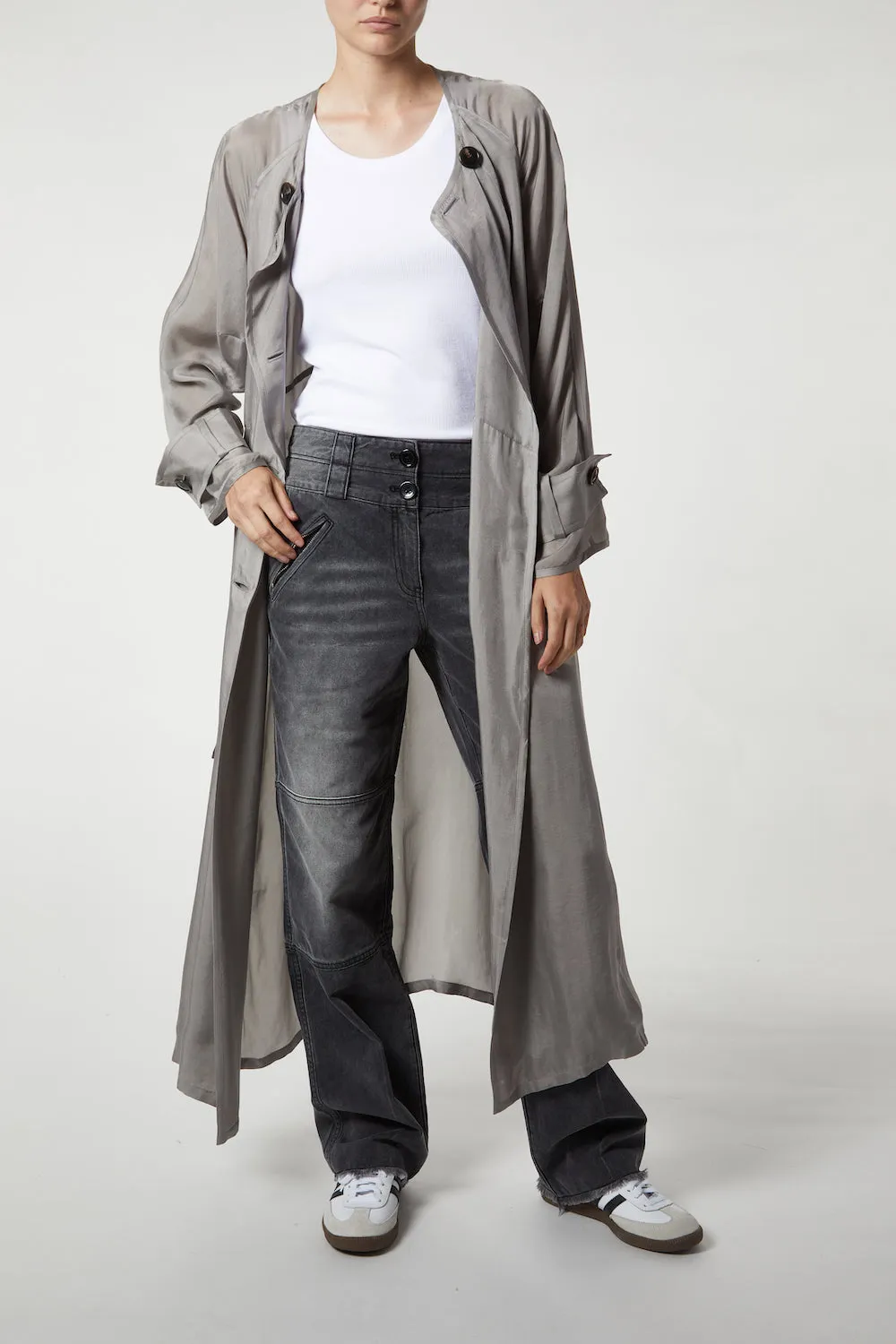 Nalani Double-Breasted Cupro Trench Coat, Light Grey sold by Saint Art product image thumbnail 5