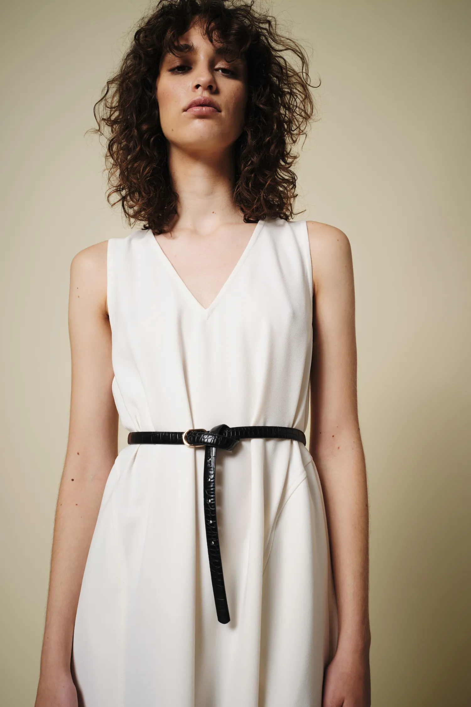 Nadine V-Neck Sleeveless Dress, Ivory Crepe sold by Saint Art