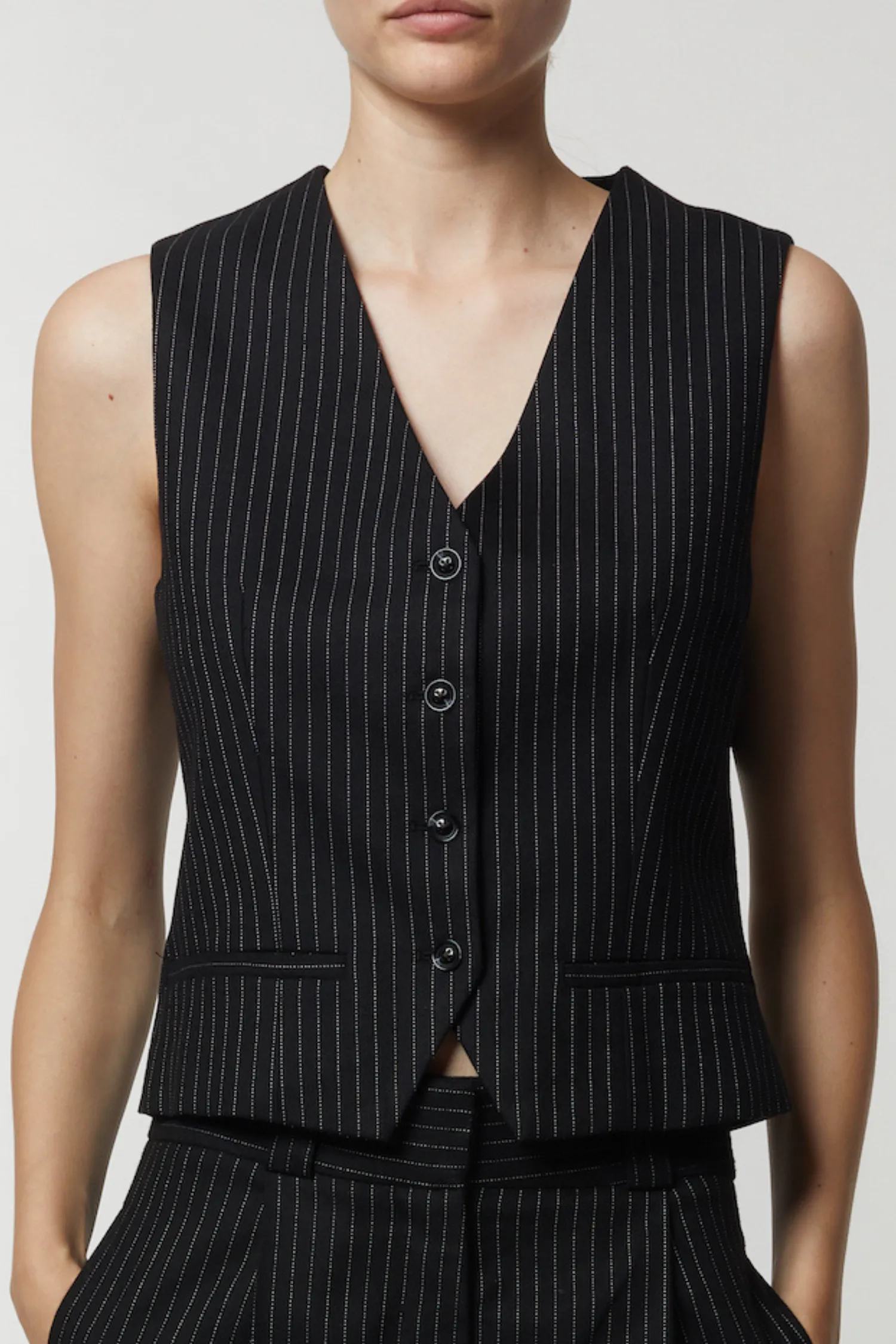 Jada Pinstripe Waistcoat, Charcoal Pinstripe sold by Saint Art