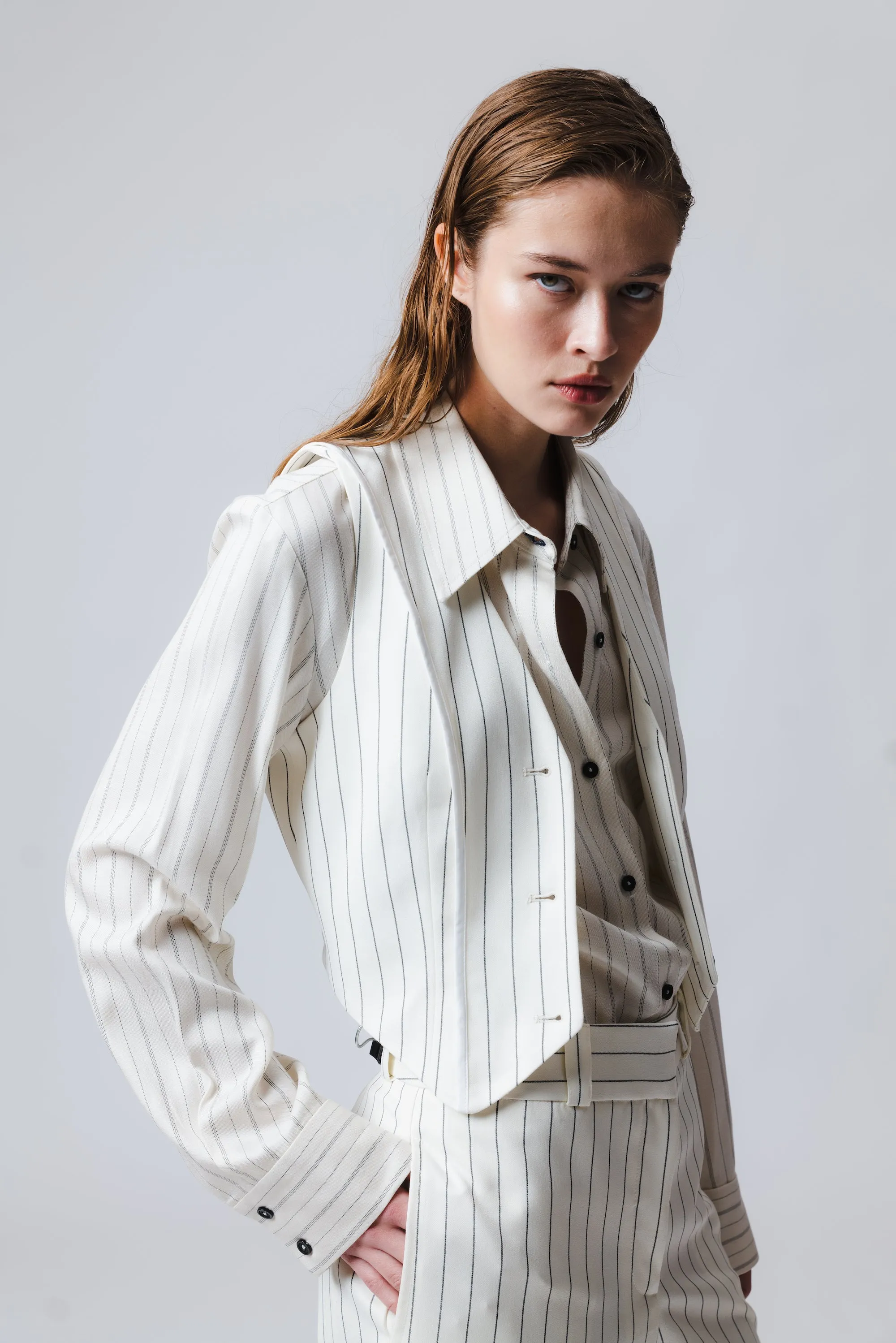 Quinn Combo Pinstripe Waistcoat, White Pinstripe sold by Saint Art product image thumbnail 2