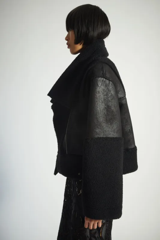 Marlise Shearling Moto Coat, Black sold by Saint Art