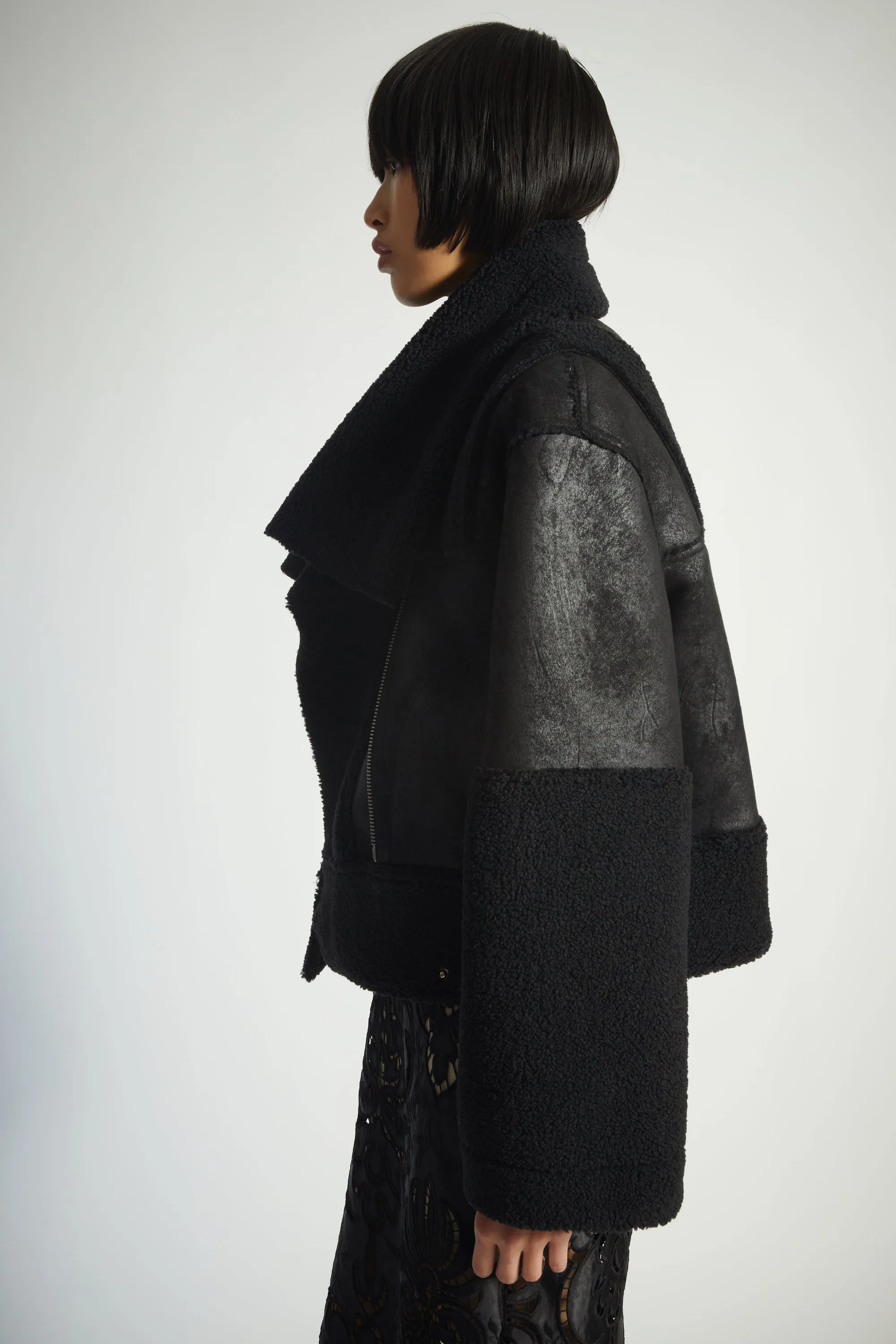 Marlise Shearling Moto Coat, Black sold by Saint Art