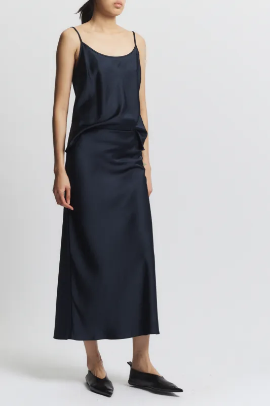 Talia Charmeuse Maxi Skirt, Navy sold by Saint Art