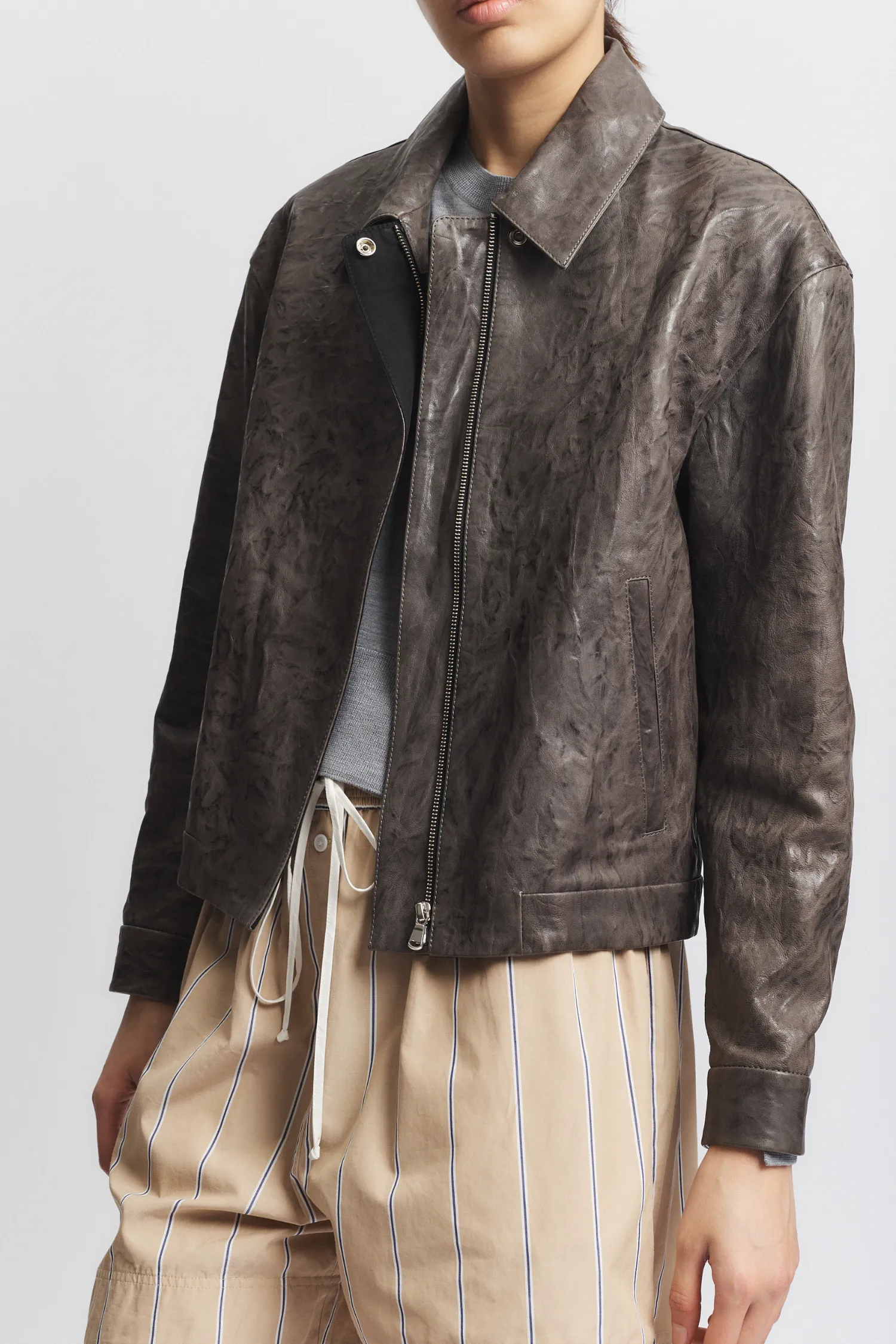 Max Distressed Leather Jacket, Grey sold by Saint Art product image thumbnail 3