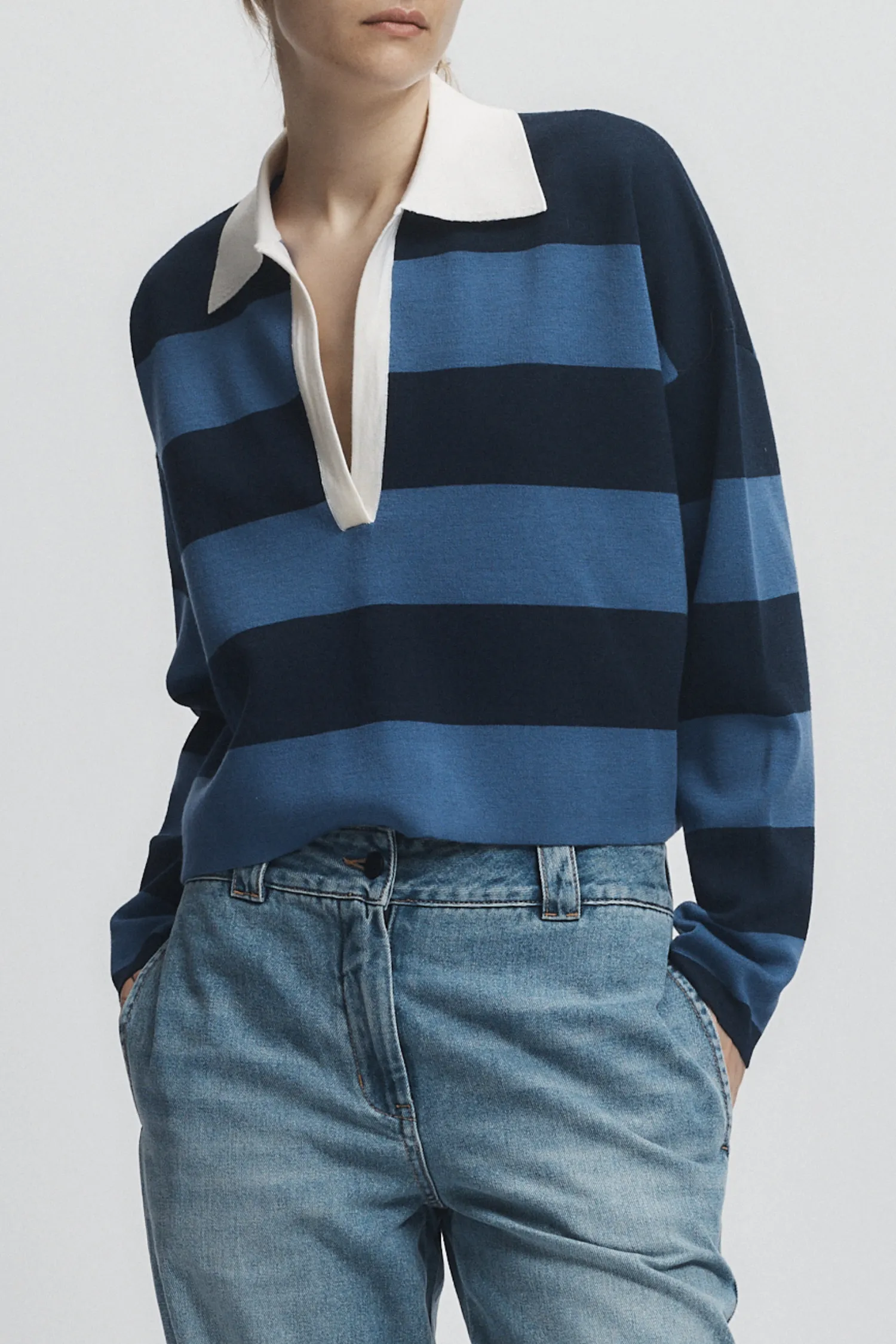 Samira Striped Knit Polo, Blue/White sold by Saint Art product image thumbnail 5