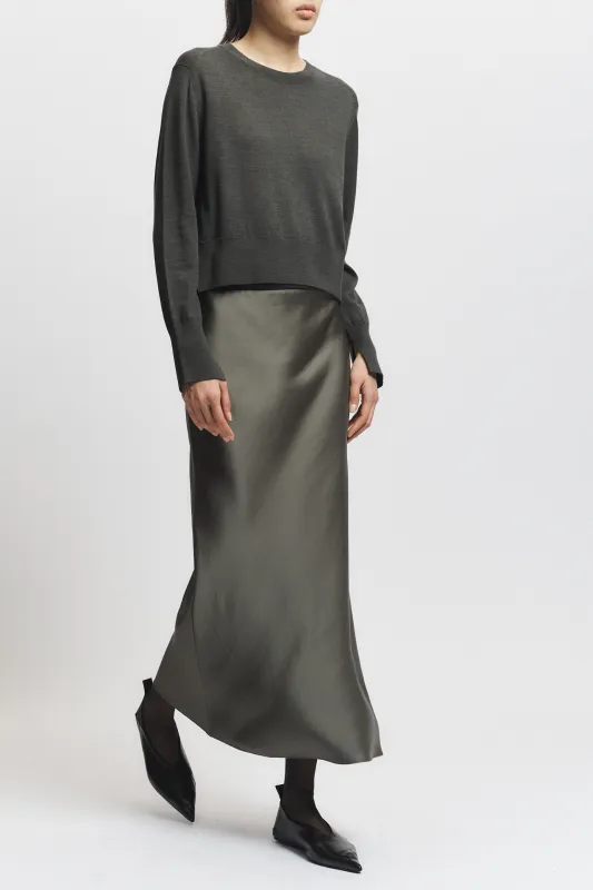 Talia Charmeuse Maxi Skirt, Dusty Olive sold by Saint Art