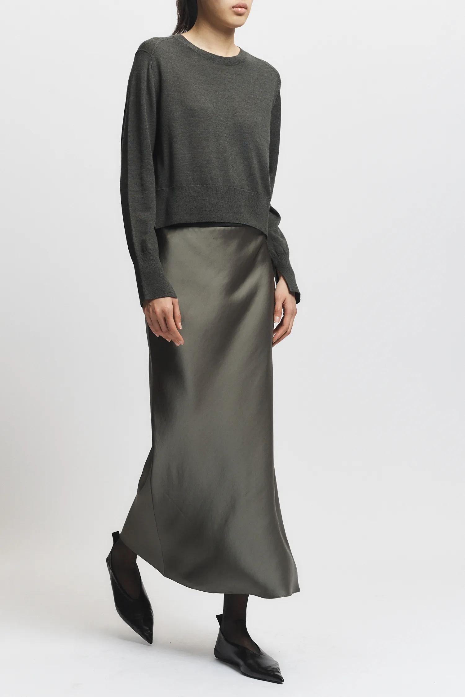 Talia Charmeuse Maxi Skirt, Dusty Olive sold by Saint Art