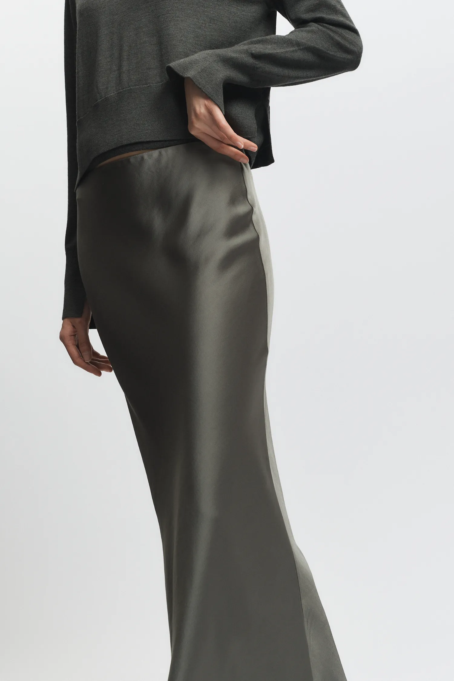 Talia Charmeuse Maxi Skirt, Dusty Olive sold by Saint Art product image thumbnail 3
